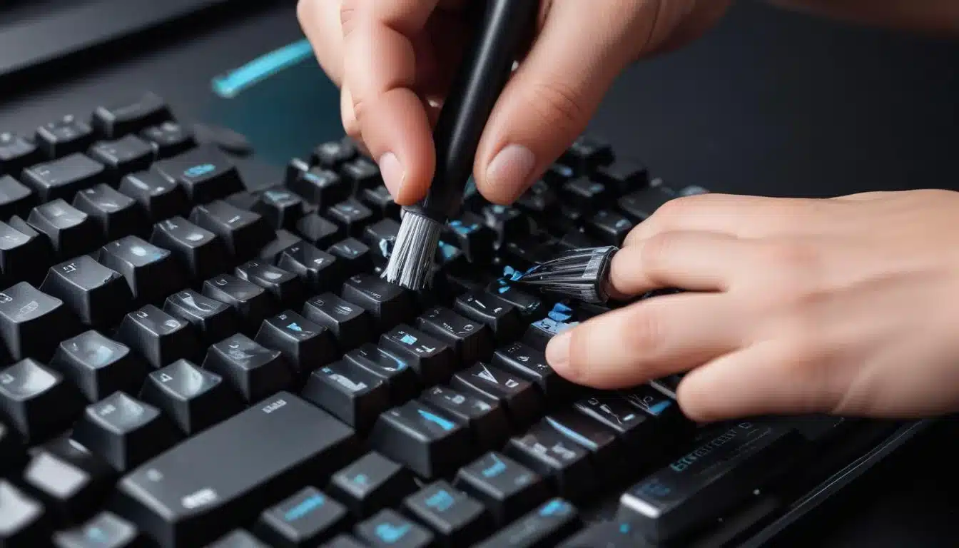 Person cleaning mechanical gaming keyboard switches with keycap puller and brush