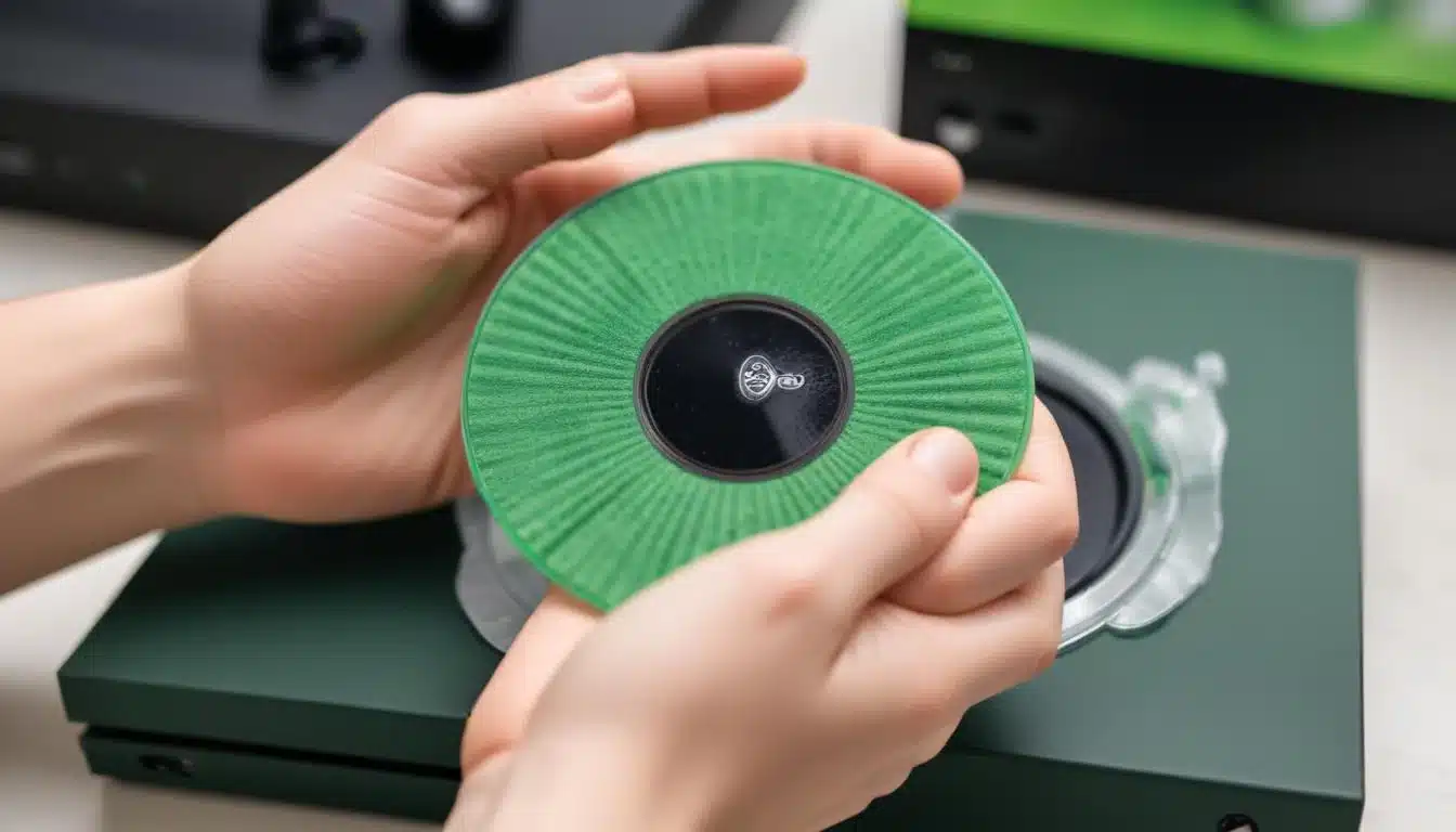 Hand cleaning Xbox game disc with microfiber cloth