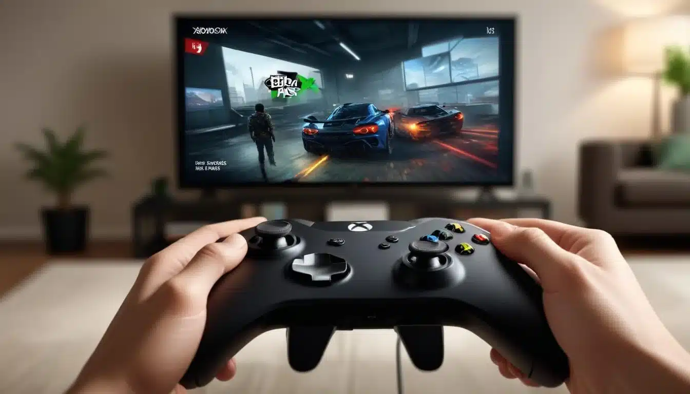 Mobile gamer enthusiastically playing Xbox Game Pass via cloud streaming with a controller.