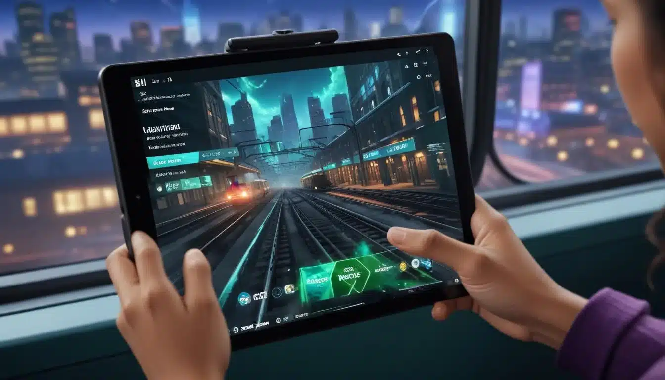 Gamer enjoying Xbox Game Pass cloud gaming on a tablet during a train commute.