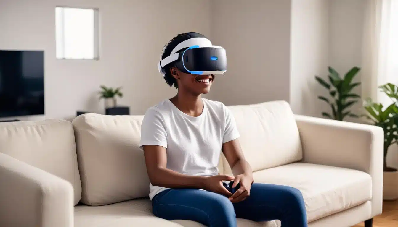 Relaxed person enjoying PlayStation VR2 on a couch, comfortable VR experience.