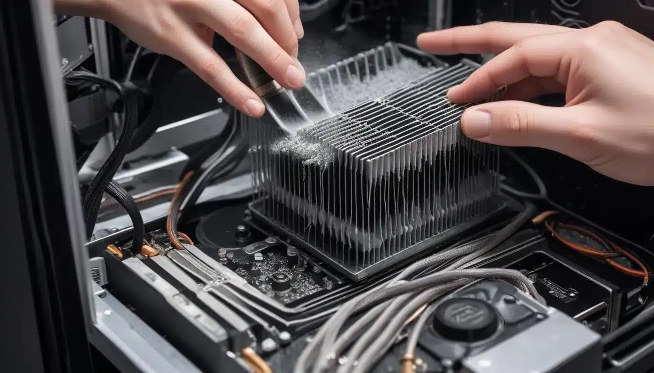 Compressed air cleaning CPU heatsink fins inside desktop computer case.