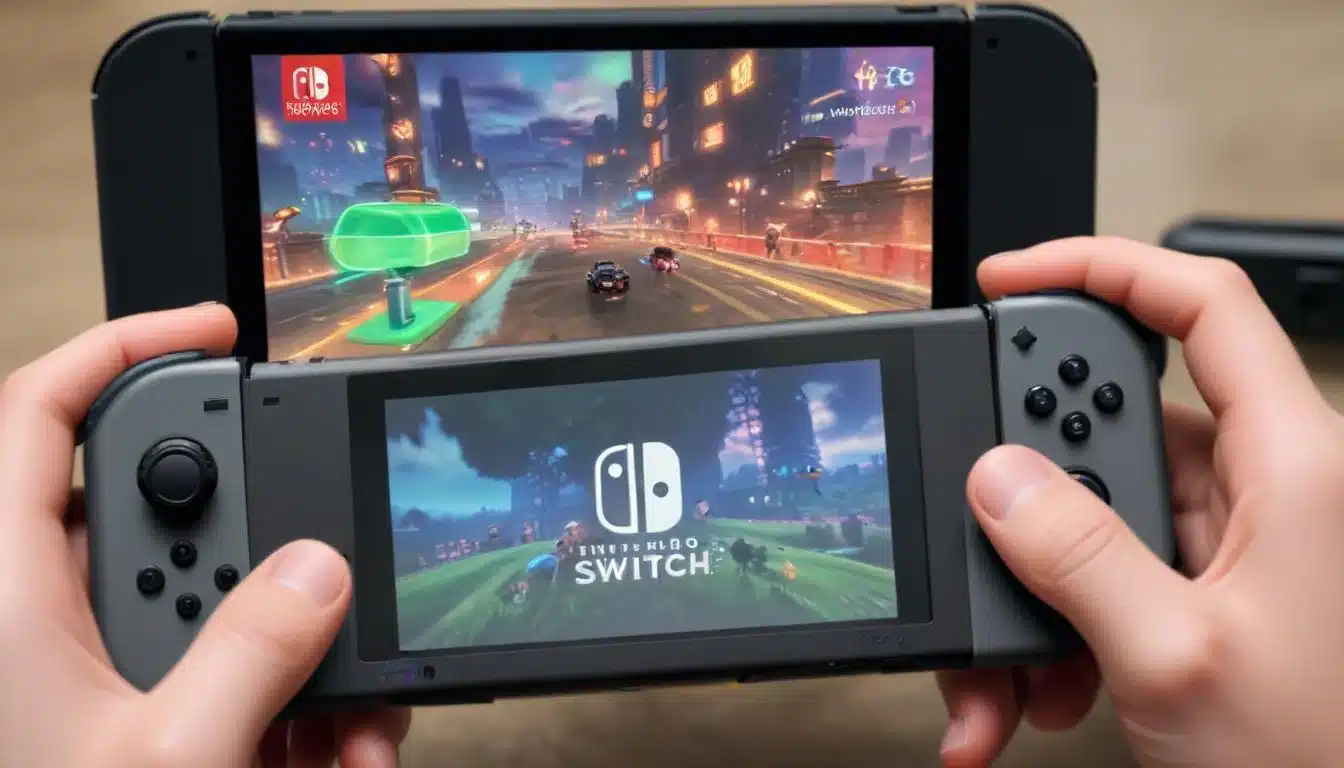 Hands holding customized Nintendo Switch Joy-Cons with on-screen button remapping menu visible.
