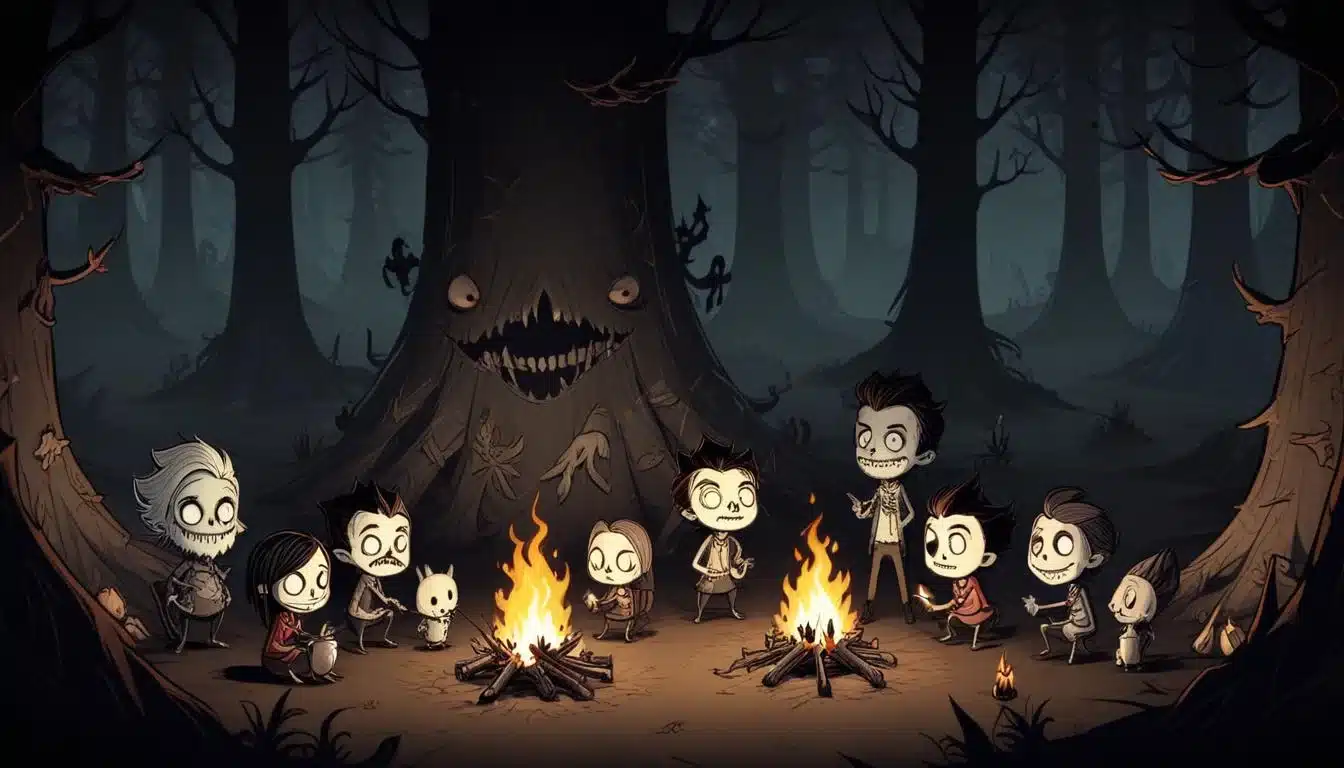 Don't Starve Together characters gathered around a campfire in a dark forest, battling shadowy monsters.