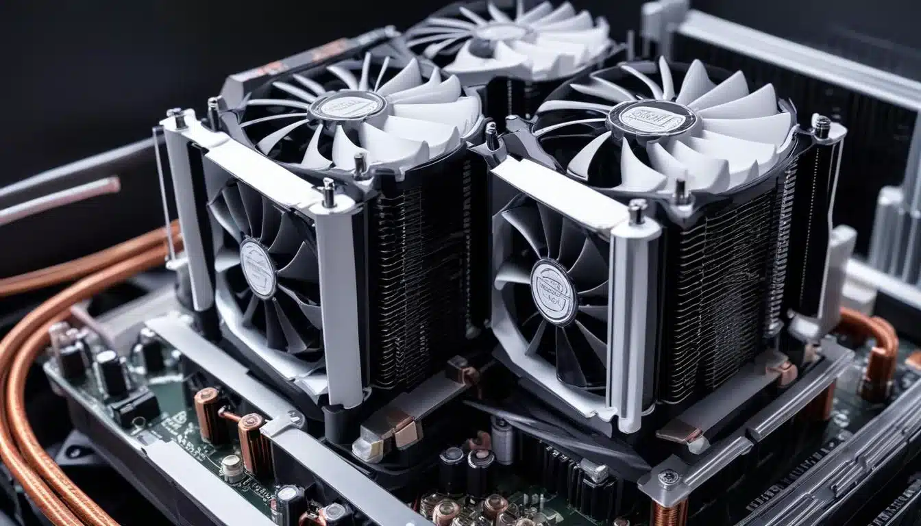 Dual-tower air cooler mounted on CPU with heat pipes and fans