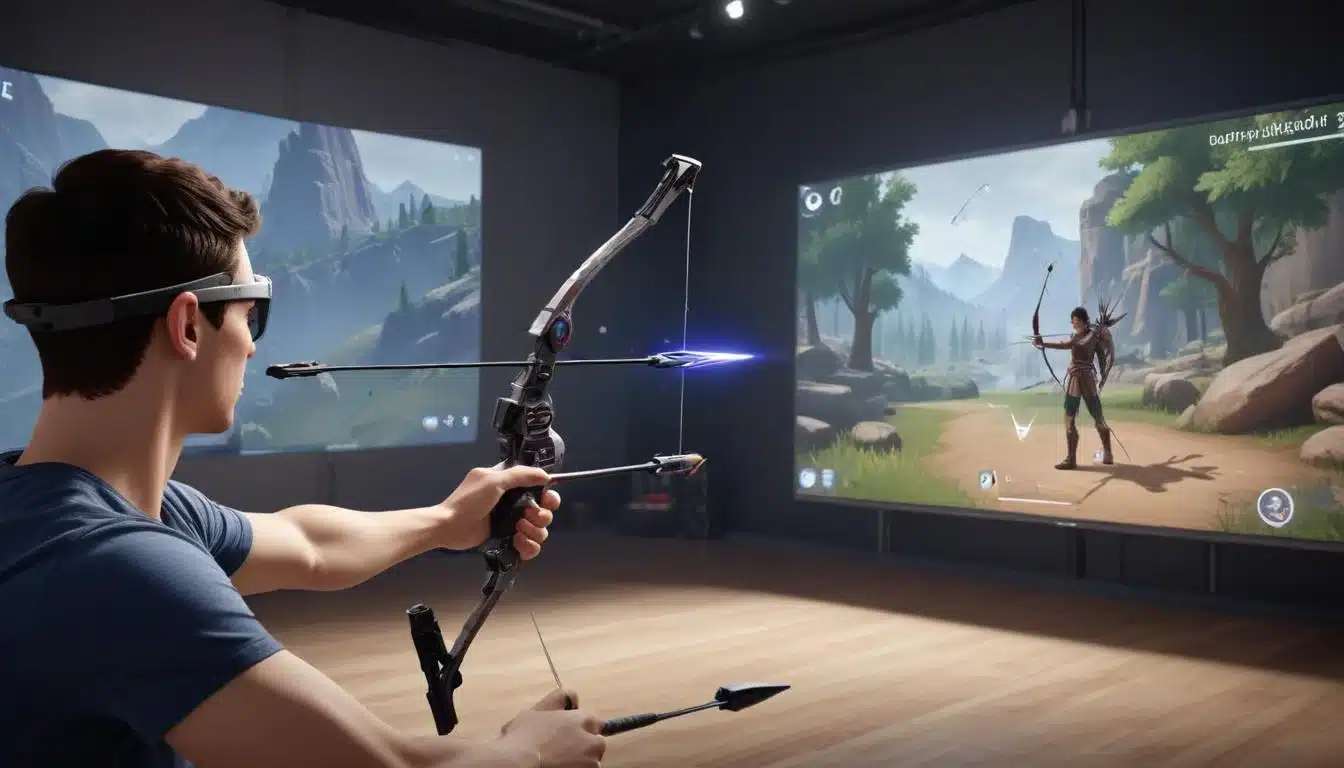 Gamer using DualSense motion controls to aim a bow and arrow in a PS5 game, focusing on precision.