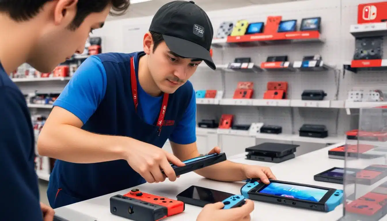Retail employee inspecting Nintendo Switch for trade-in, customer observing