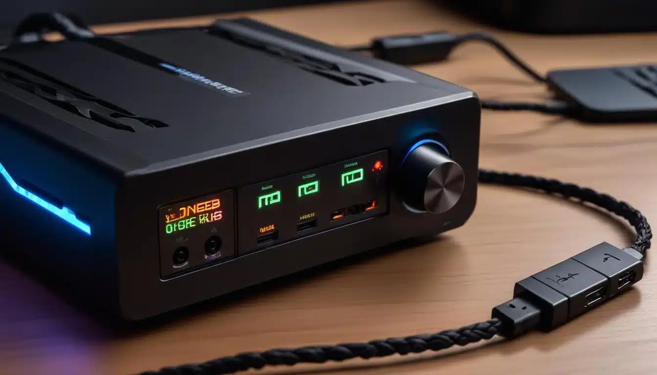 External USB DAC amplifier connected to gaming PC and headphones