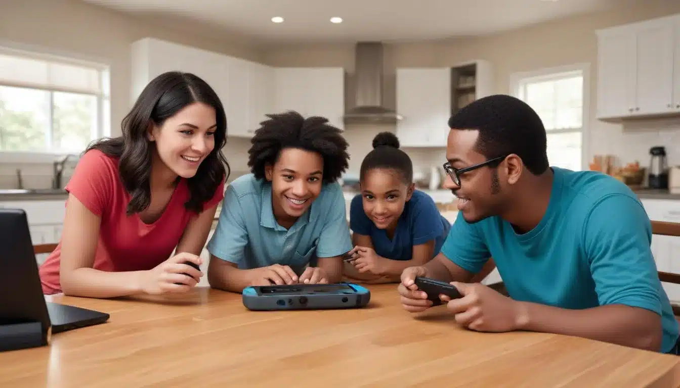 Family discussing gaming rules and online safety with a Nintendo Switch in the background.