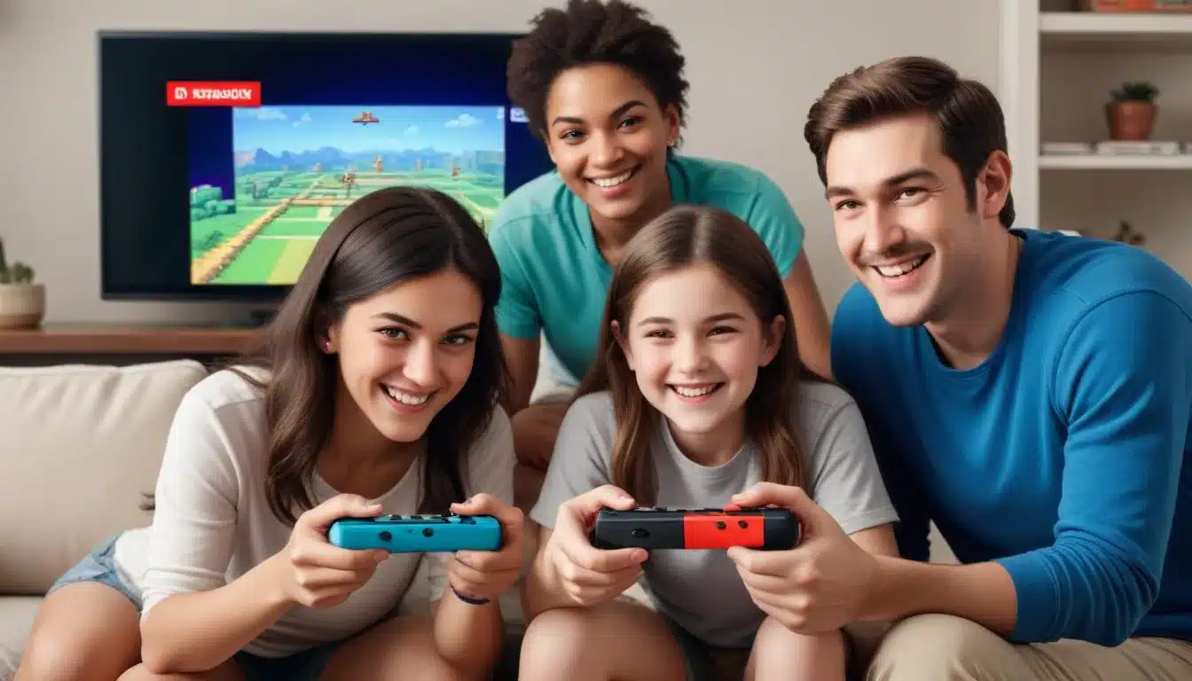 Family playing classic NES game on Nintendo Switch, enjoying nostalgic entertainment.