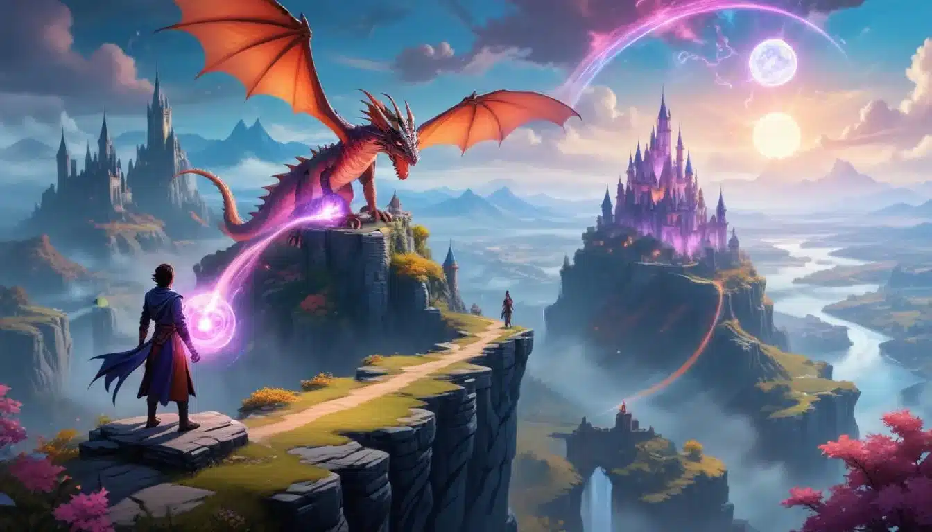 Mage overlooking fantasy landscape with castle and dragon in PSVR2