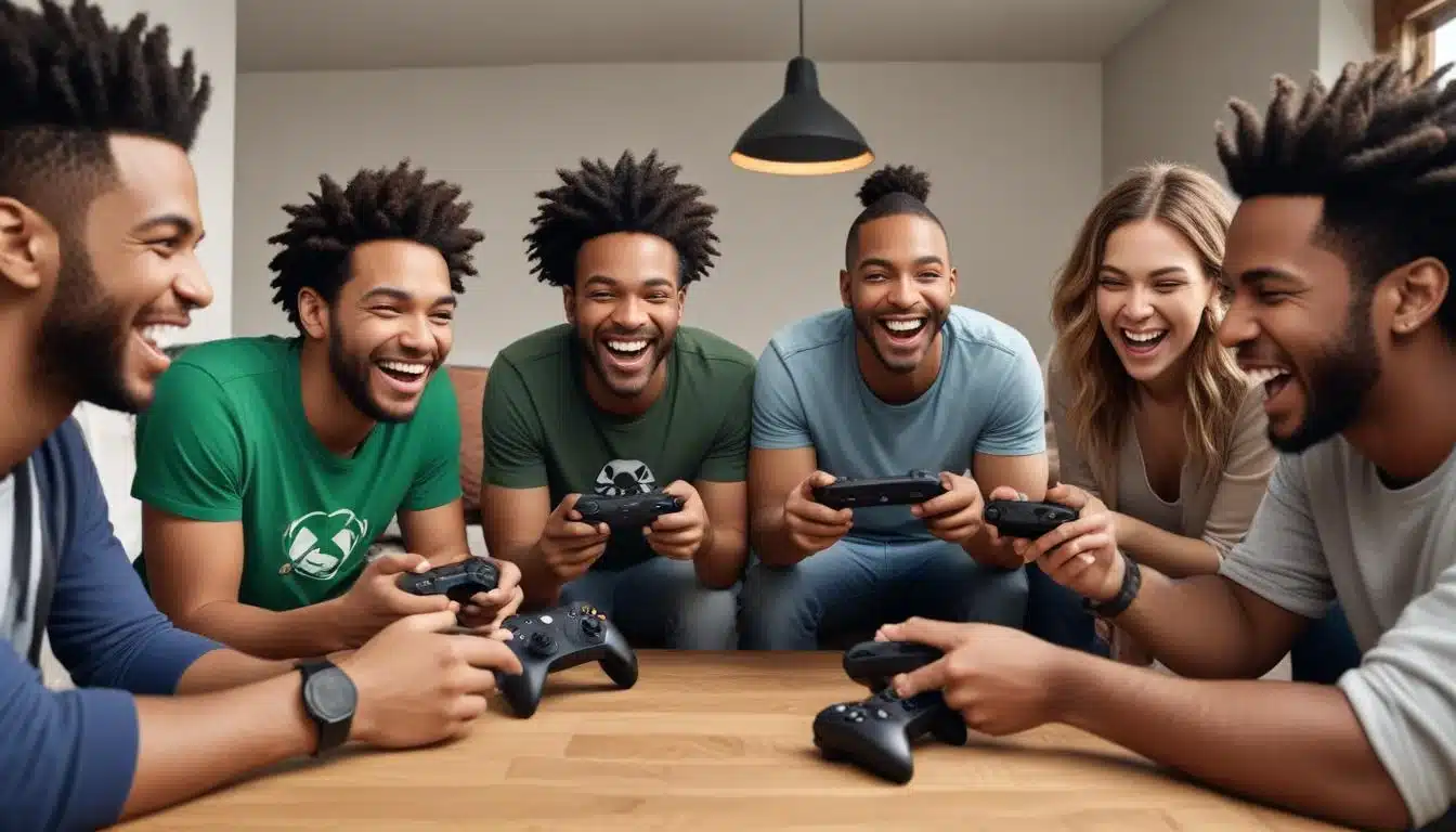 Diverse friends enjoying cross-platform Xbox Game Pass Ultimate gaming on consoles, PCs, and tablets.