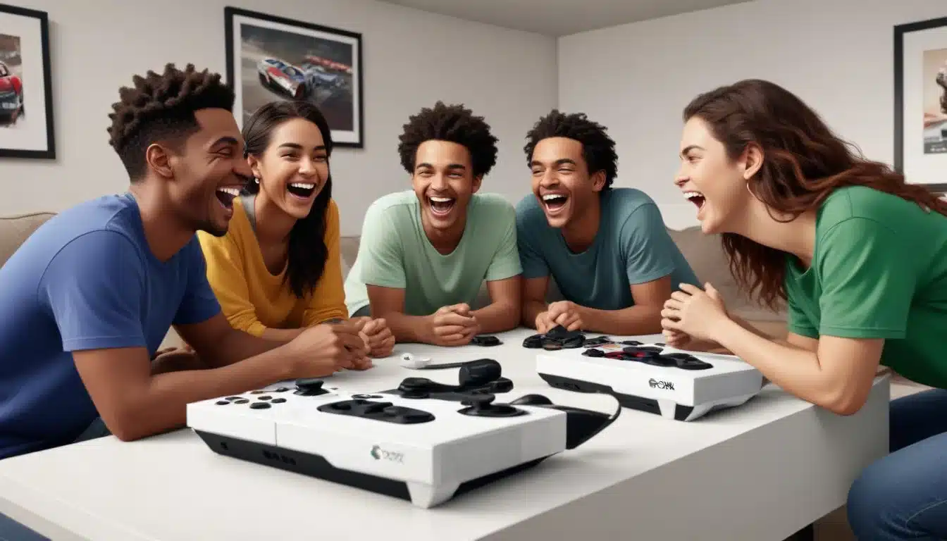 Friends playing a classic split-screen racing game on an Xbox Series S, enjoying enhanced graphics.
