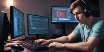 Frustrated gamer troubleshooting PC gaming issues with error screen