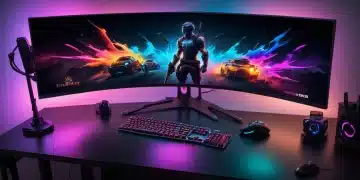 Futuristic gaming setup with ultrawide monitor and RGB lighting