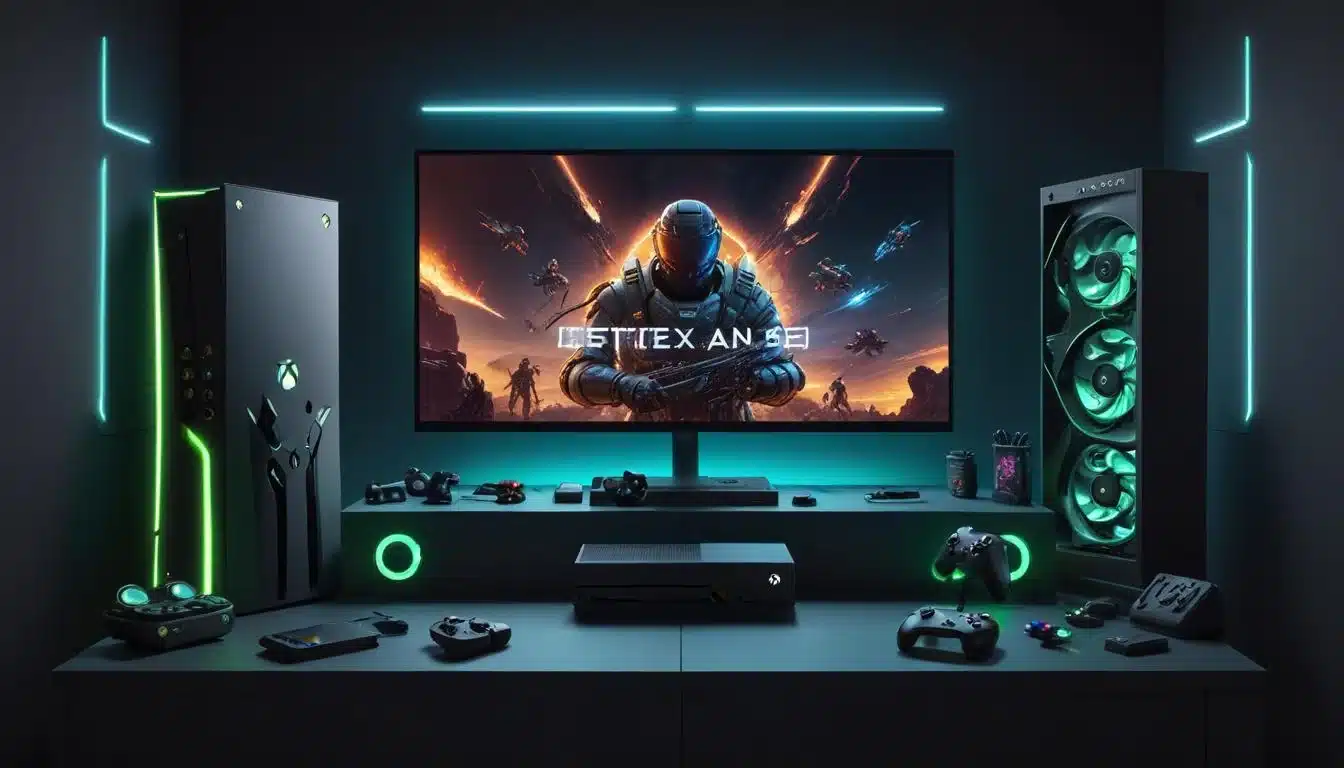 Futuristic Xbox Series X gaming setup with monitor, symbolizing advanced gaming.