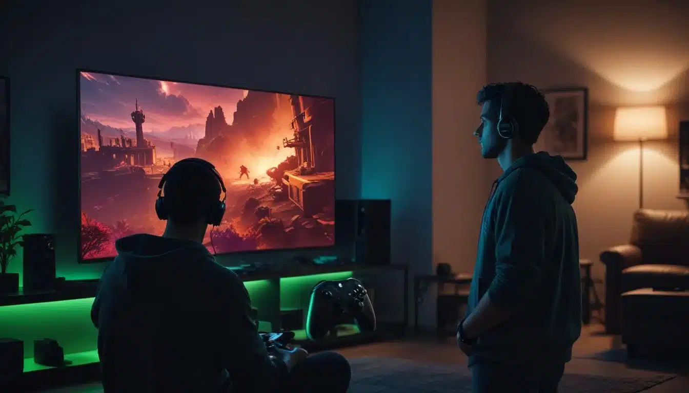 Gamer playing a high-fidelity video game on a 4K TV with an Xbox Series X controller, demonstrating immersive visual experience.