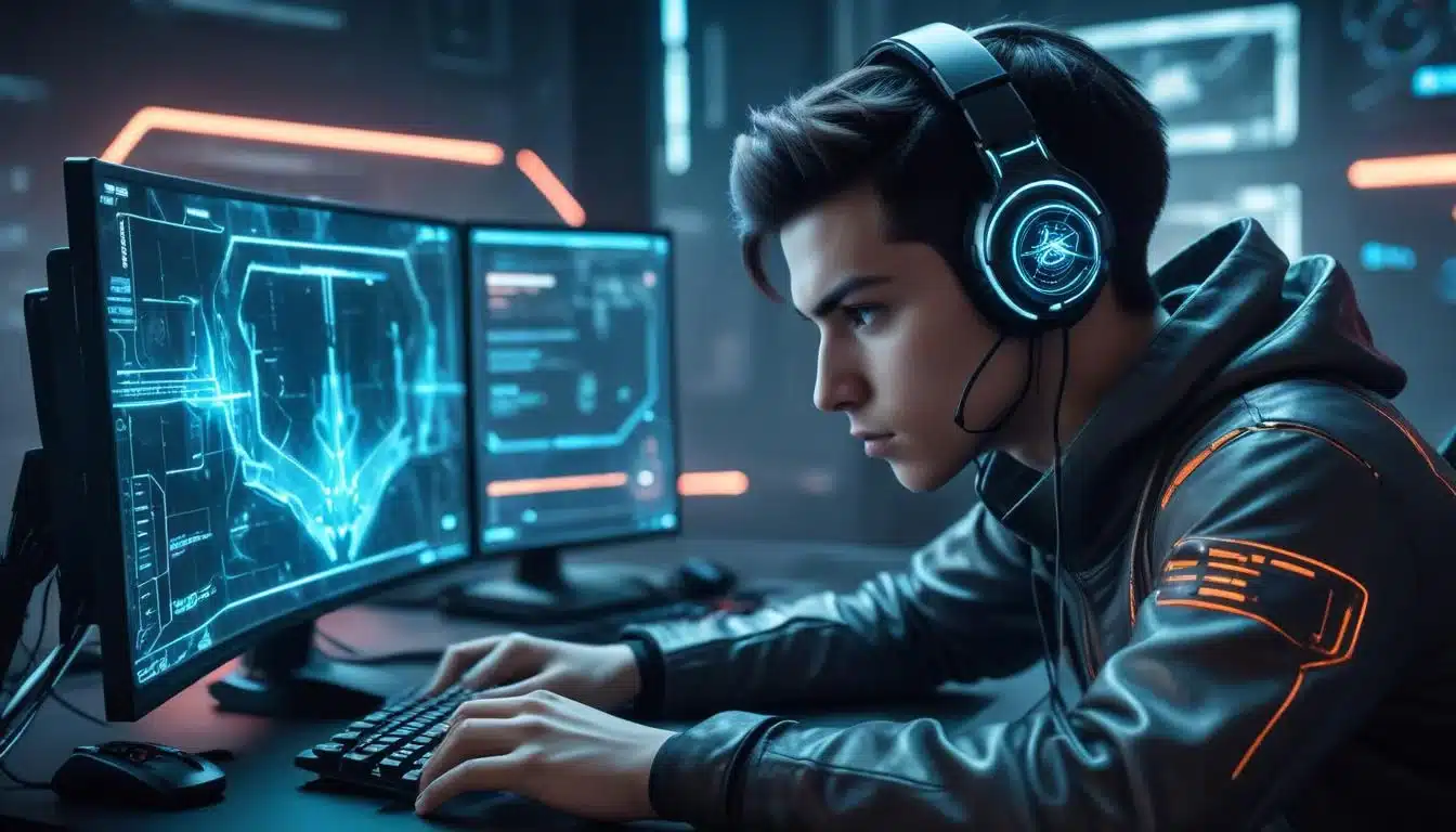 Gamer optimizing graphics settings through advanced interface