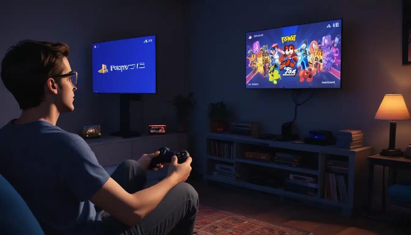 Gamer playing a classic PS2 game on a PS5 through PlayStation Plus Premium, enjoying retro gaming with modern console enhancements.