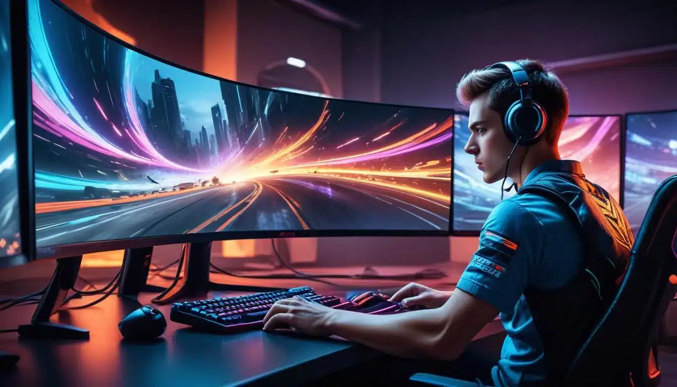Gamer focused on curved ultrawide monitor with HDR racing game