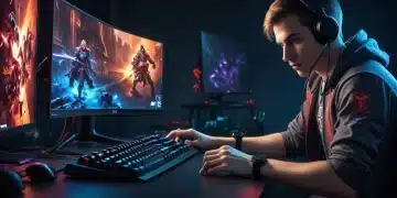 Gamer focused on screen, gaming keyboard, and mouse, showcasing optimized PC for low input lag.