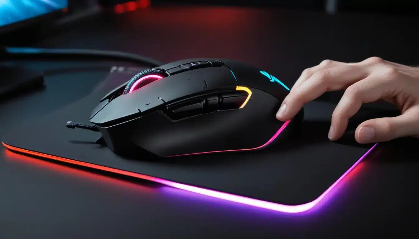 Gamer's hand on ergonomic wireless gaming mouse, showing precise control on a large mousepad.