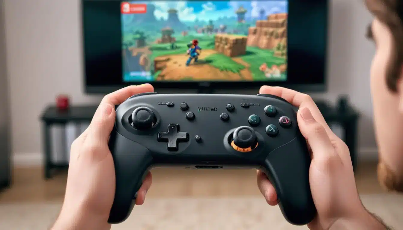 Gamer hands holding Pro Controller, playing intensely on Switch