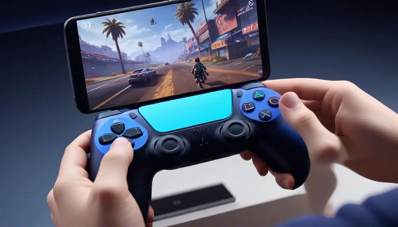 Gamer playing PS5 game on mobile with DualSense controller