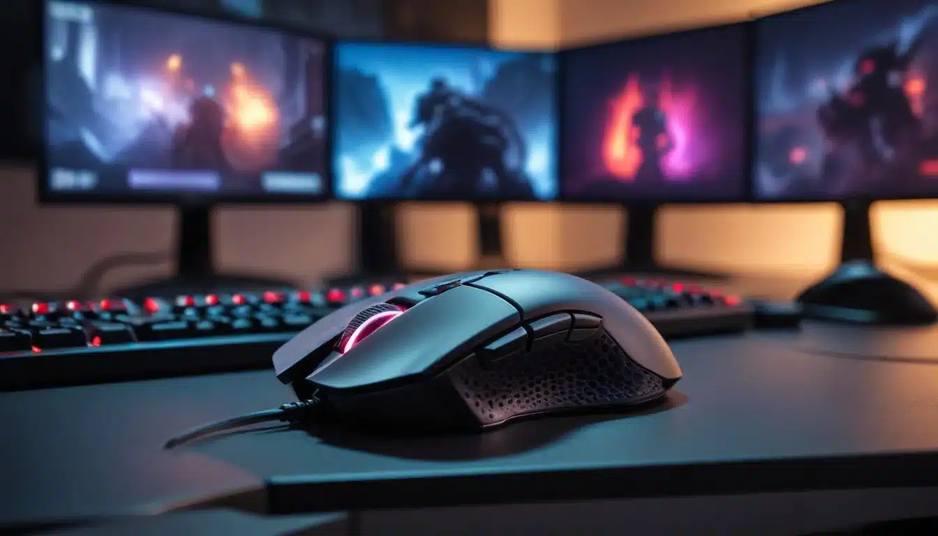 Gamer's hand on a gaming mouse with a multi-monitor PC setup displaying intense gameplay.