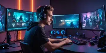 Gamer streaming on a multi-monitor PC setup with professional equipment