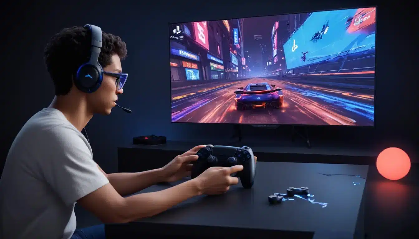 Gamer playing high-fidelity game on PS5 controller, highlighting improved performance post-update.
