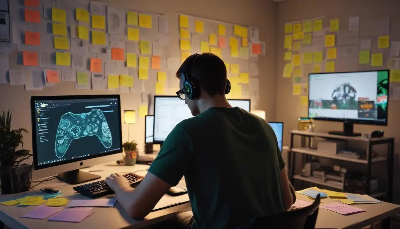 Gamer researching Xbox achievement guides on laptop, planning Gamerscore strategy.