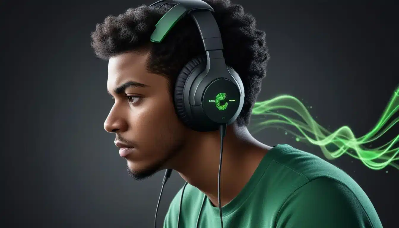 Gamer wearing Xbox Wireless Headset with visual spatial audio cues surrounding their head.