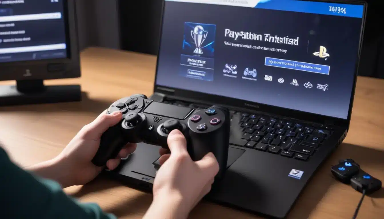 Gamer using laptop for PlayStation trophy guide walkthrough, controller in hand.