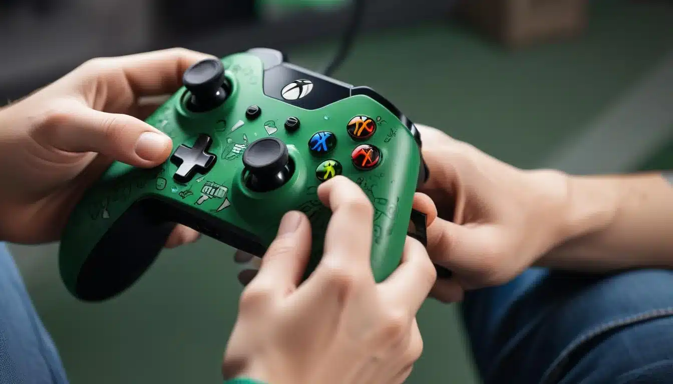 Gamer holding and using a personalized Xbox Design Lab controller during gameplay.
