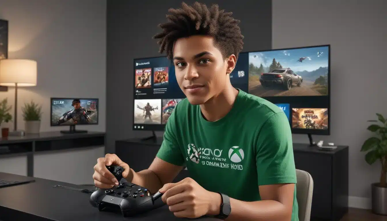 Gamer playing Xbox with Microsoft Rewards dashboard visible, earning points.