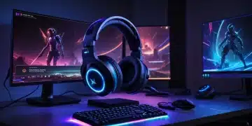 Futuristic gaming headset and external sound card setup for enhanced PC audio
