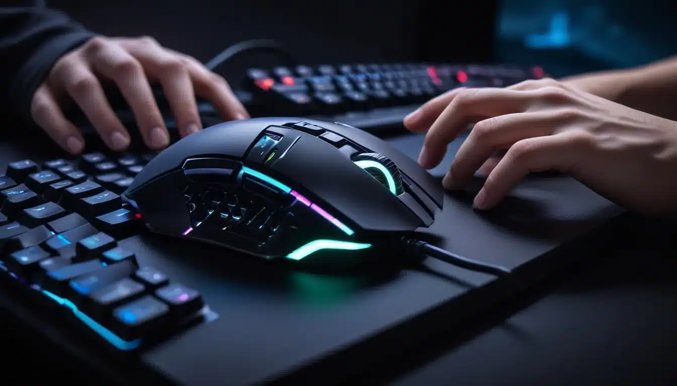 Gamer's hand on a high-end RGB gaming mouse with mechanical keyboard in background.