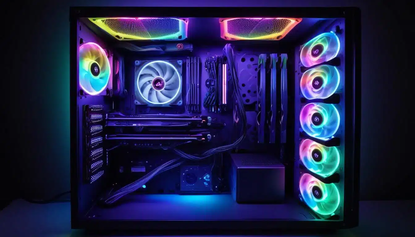 Gaming PC internal view with organized cables and RGB fans