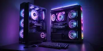 Gaming PC setup with RGB lights and a prominent CPU cooler, indicating overclocking.