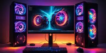 Powerful gaming PC setup with glowing components and multi-monitor display