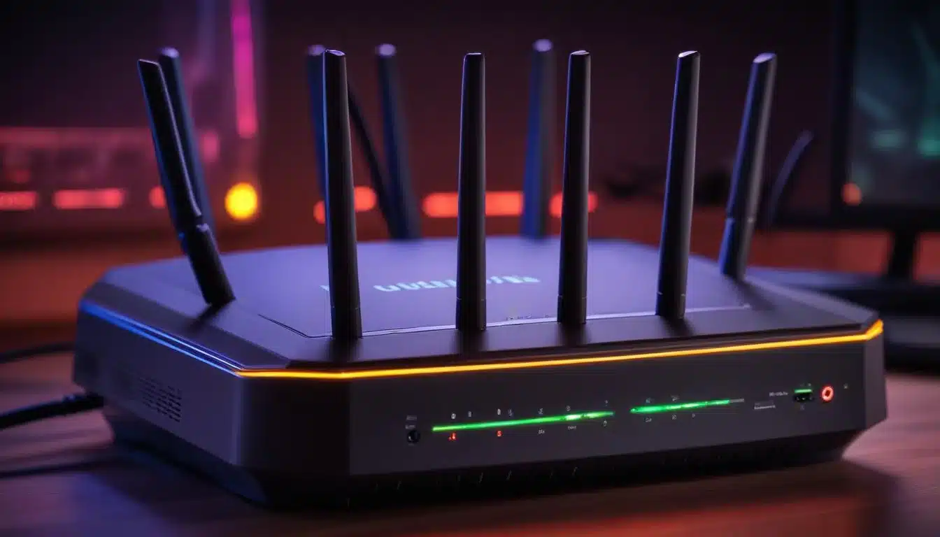 Modern gaming router with glowing lights connected to an Ethernet cable, illustrating network setup.