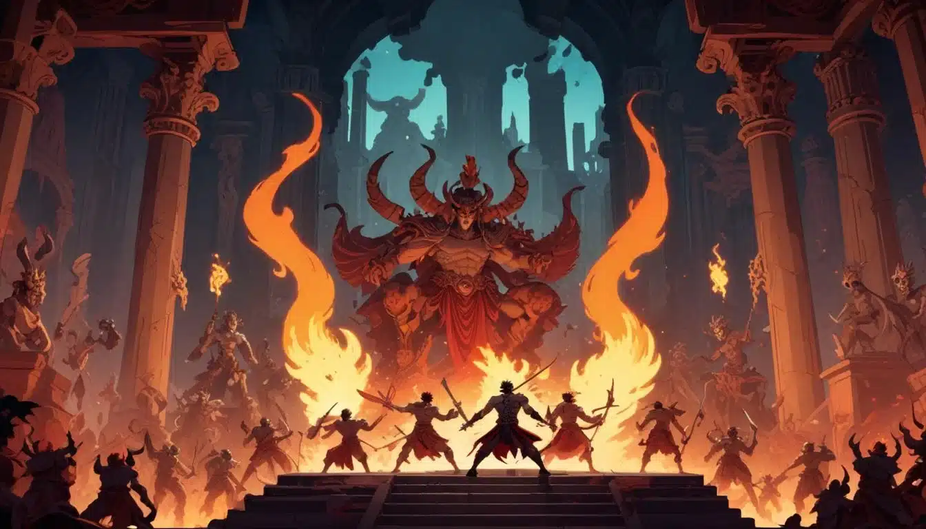 Zagreus in fierce combat from Hades, surrounded by mythical foes in a vibrant Underworld setting.
