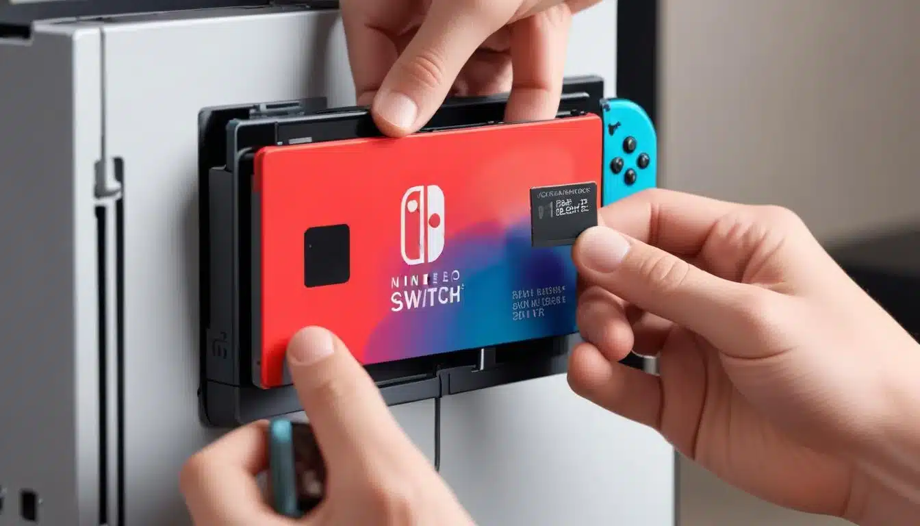 Hand inserting microSD card into Nintendo Switch slot for expanded storage.