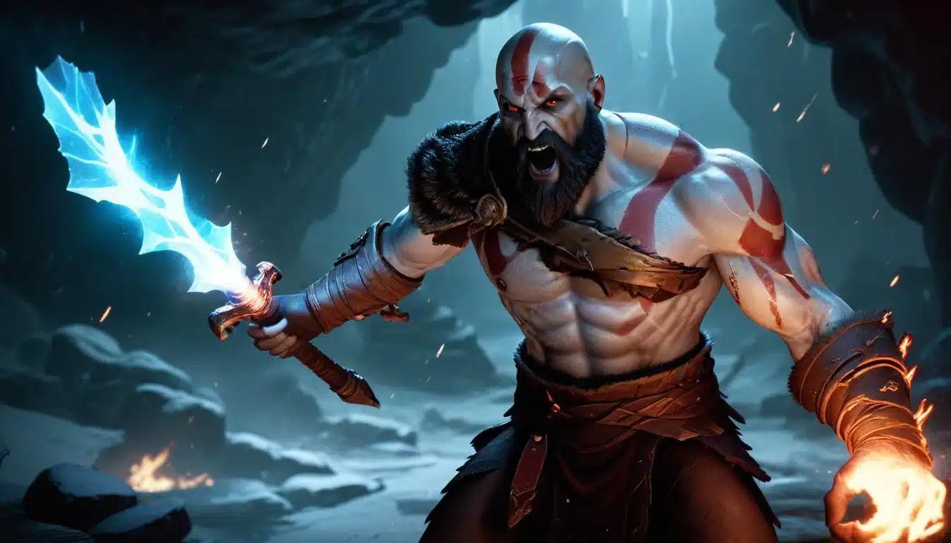 Kratos battling a monstrous foe with a new glowing weapon in an icy cavern, intense combat scene.