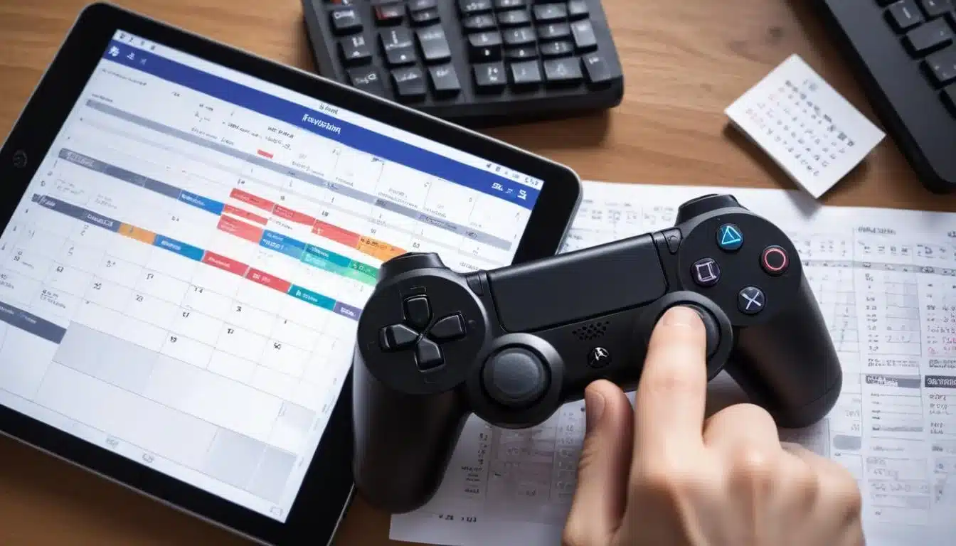 Hand holding PlayStation controller with tablet showing budget planning for PS Plus