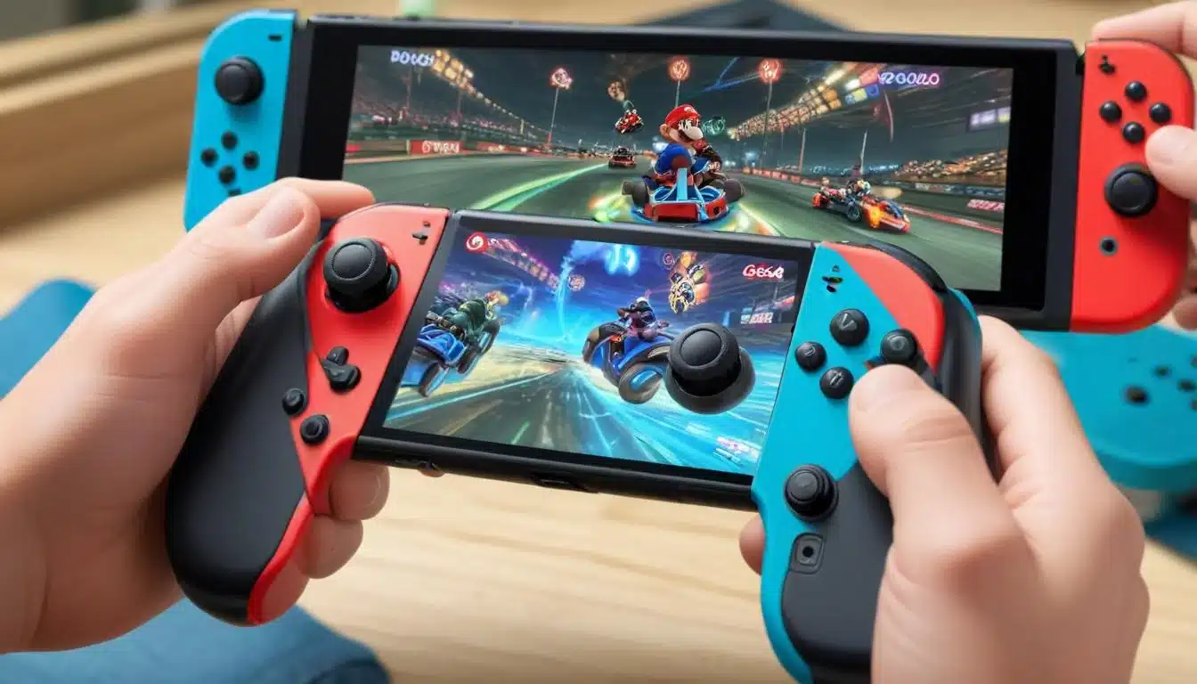 Gamer's hands on Switch controller, executing a drift in Mario Kart 8 Deluxe.