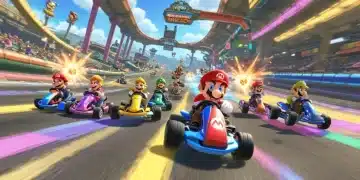 Dynamic Mario Kart 8 Deluxe race with multiple characters, power-ups, and a leader.