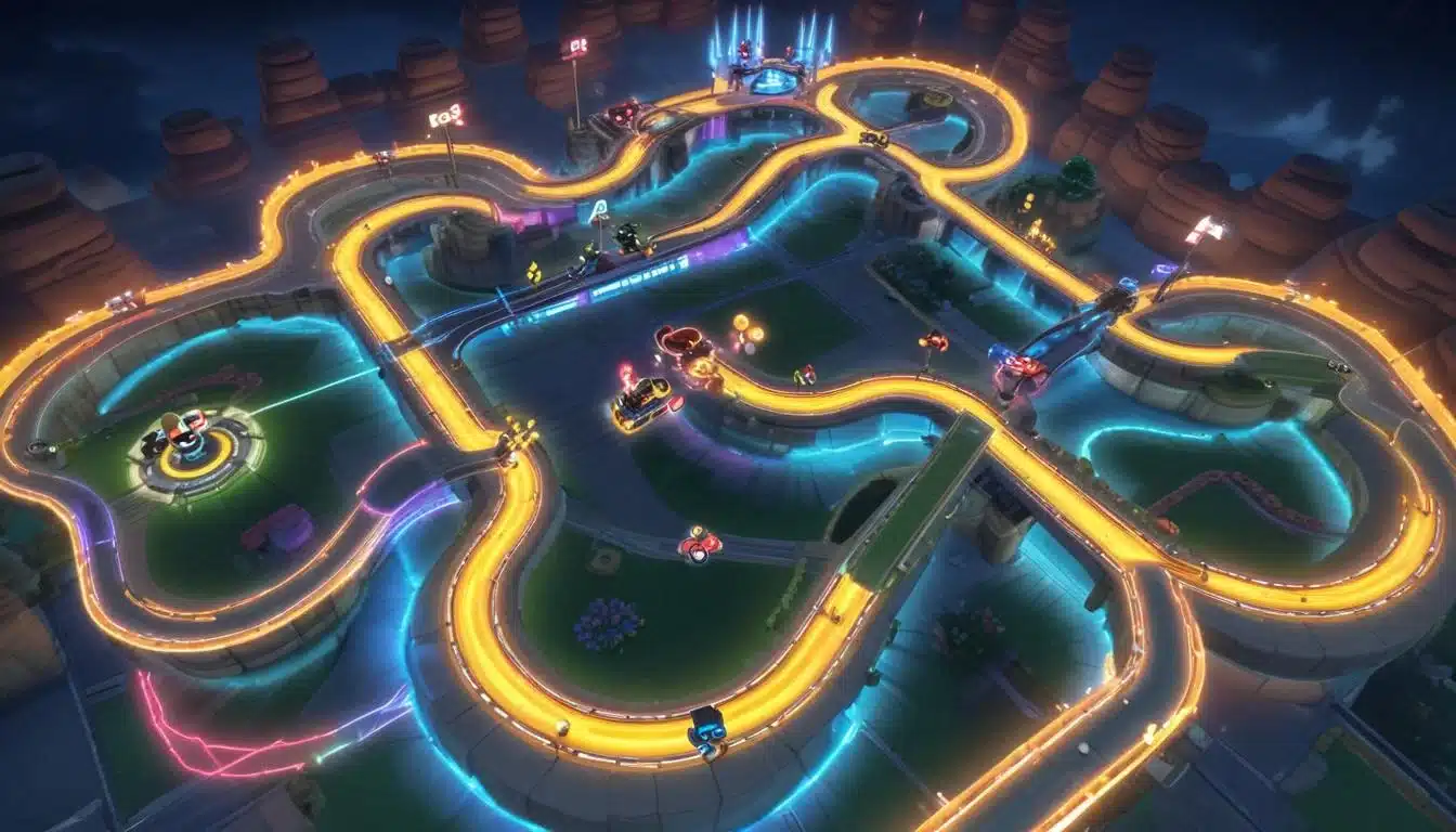 Overhead view of Mario Kart 8 Deluxe track with highlighted optimal racing lines and shortcuts.