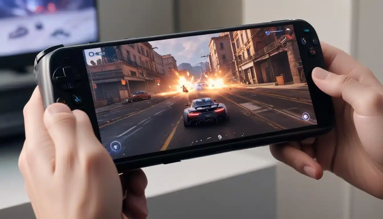 Mobile phone screen showing PS5 game in action at 60fps